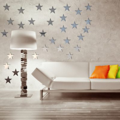 آینه آماتیس طرح ستاره بسته 50 عددی - رنگ نقره ای - آینه طرح ستاره نصب شده روی دیوار