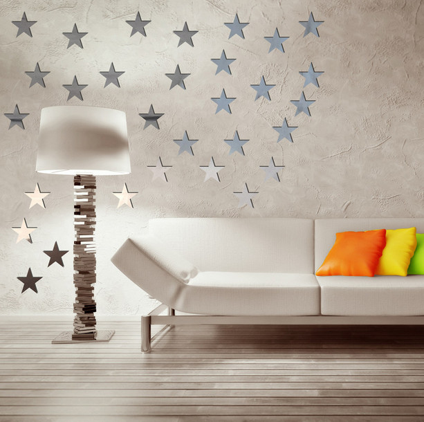 آینه آماتیس طرح ستاره بسته 50 عددی - رنگ نقره ای - آینه طرح ستاره نصب شده روی دیوار