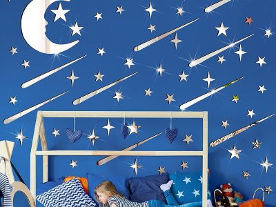 آینه آماتیس مدل ماه و ستاره و شهاب سنگ - آینه دکوری شامل یک ماه و 40 عدد ستاره و 10 عدد شهاب سنگ رنگ نقره ای