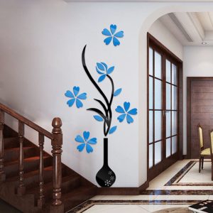 استیکر چوبی آماتیس طرح گل و گلدان آبی - گلدان گرد چوبی ام دی اف - و گل های آبی . نصب شده روی دیوار کنار پله ها