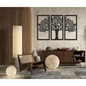 تابلو چوبی طرح درخت 3 تکه کد AM4 - جنس چوبی - سه تکه جداگانه - رنگ مشکی - طرح درخت برگ دار نصب شده در اتاق و سالن