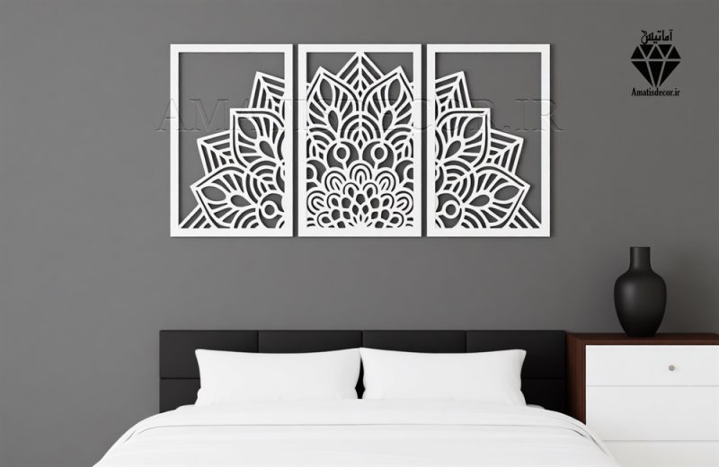 تابلو چوبی طرح ماندالا 3 تکه - نمای نزدیک رنگ مشکی - جنس چوبی - شامل سه تکه جدا