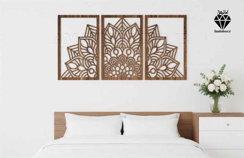 تابلو چوبی طرح ماندالا 3 تکه - نمای نزدیک رنگ مشکی - جنس چوبی - شامل سه تکه جدا