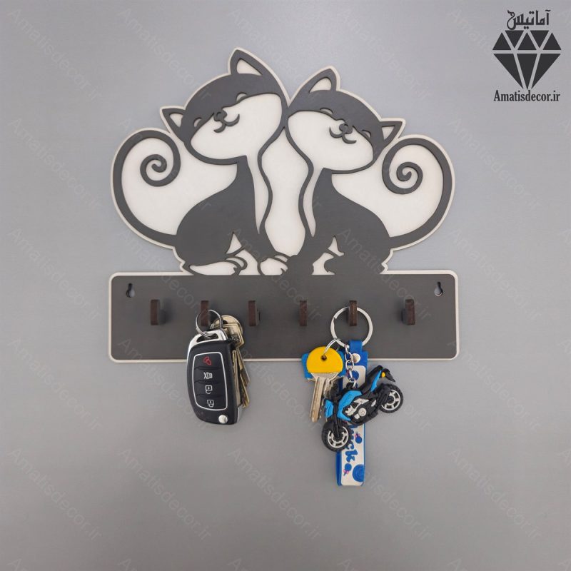 جا کلیدی دیواری طرح گربه کد 108 - طوسی سفید - روبه رو با کلید