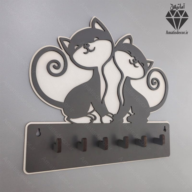 جا کلیدی دیواری طرح گربه کد 108 - رنگ طوسی سفید از سمت چپ