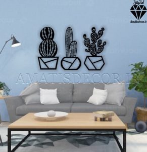 استیکر چوبی دیواری طرح کاکتوس - سه عدد کاکتوس با گلدان در شکل های مختلف