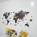 نقشه چوبی جهان با نام کشورها قهوه ای تیره