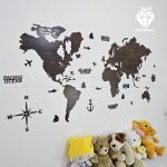 نقشه چوبی جهان با نام کشورها قهوه ای تیره