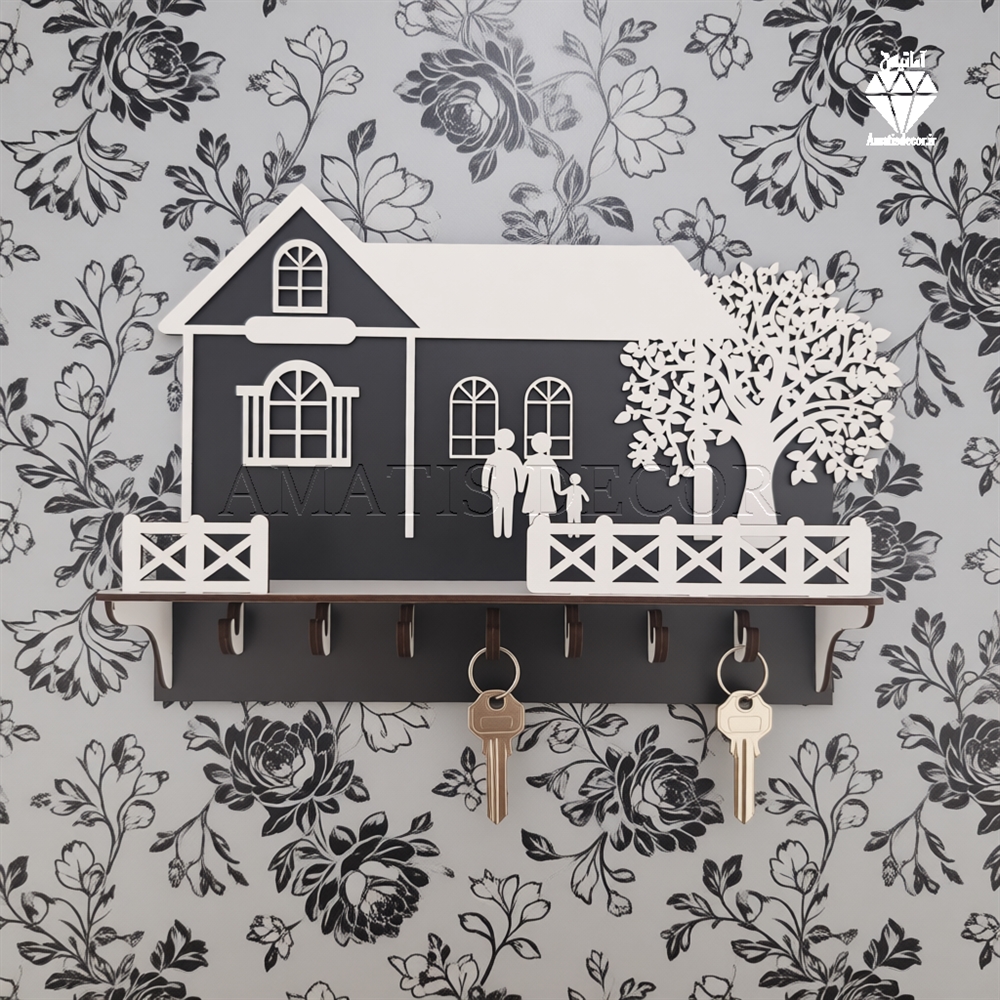 جا کلیدی دیواری طرح کلبه درختی کد 109 - رنگ مشکی و سفید