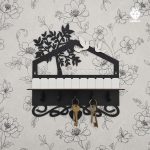 جا کلیدی دیواری طرح درخت 5 قلاب آویز کد 103 - از نمای رو به رو با رنگ مشکی و سفید با طرح درخت و پرنده