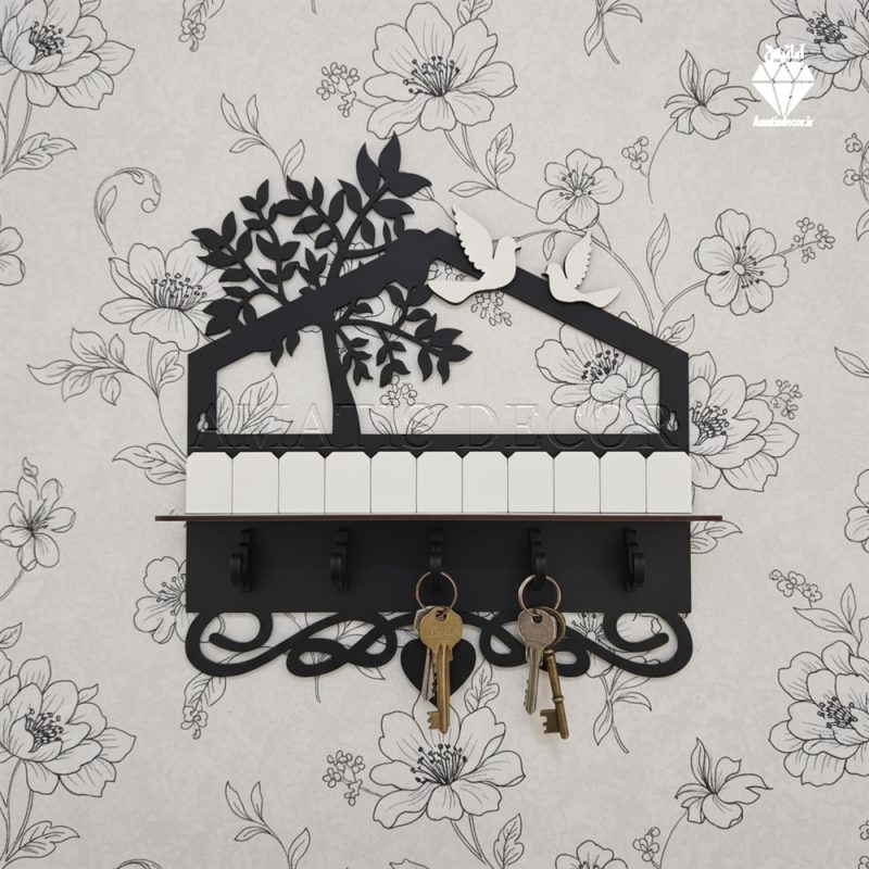 جا کلیدی دیواری طرح درخت 5 قلاب آویز کد 103 - از نمای رو به رو با رنگ مشکی و سفید با طرح درخت و پرنده