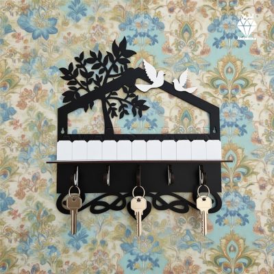 جا کلیدی دیواری طرح درخت 5 قلاب آویز کد 103 - از نمای رو به رو با رنگ مشکی و سفید با طرح درخت و پرنده