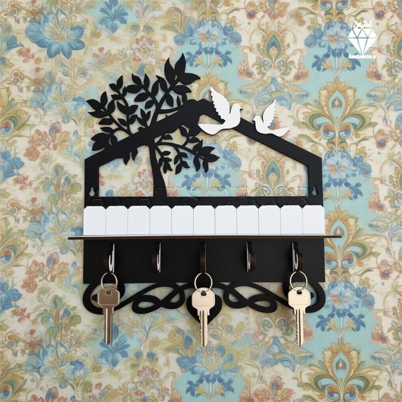 جا کلیدی دیواری طرح درخت 5 قلاب آویز کد 103 - از نمای رو به رو با رنگ مشکی و سفید با طرح درخت و پرنده