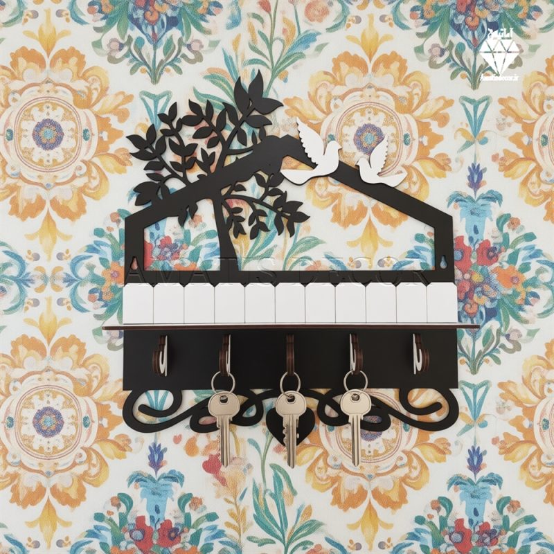 جا کلیدی دیواری طرح درخت 5 قلاب آویز کد 103 - از نمای رو به رو با رنگ مشکی و سفید با طرح درخت و پرنده