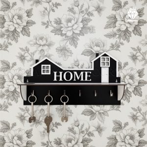 جا کلیدی دیواری طرح هوم 6 قلاب آویز کد 102 - نمای جلو - رنگ مشکی و سفید