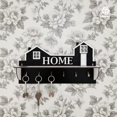 جا کلیدی دیواری طرح هوم 6 قلاب آویز کد 102 - نمای جلو - رنگ مشکی و سفید