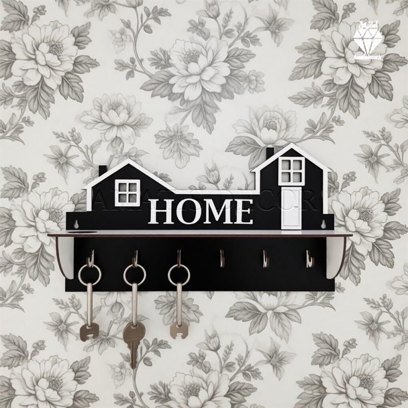 key holder219 جا کلیدی دیواری طرح هوم 6 قلاب آویز کد 102 - نمای جلو - رنگ مشکی و سفید