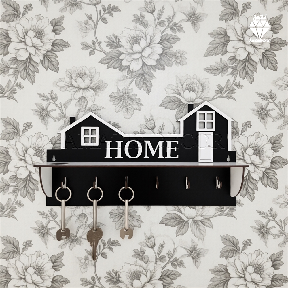 جا کلیدی دیواری طرح هوم 6 قلاب آویز کد 102 - نمای جلو - رنگ مشکی و سفید