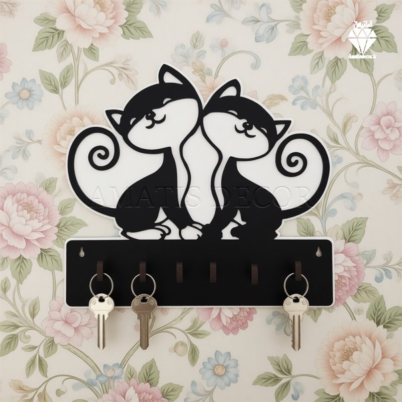 جا کلیدی دیواری طرح گربه کد 108 - دو گربه کنار هم روی جا کلیدی هستن