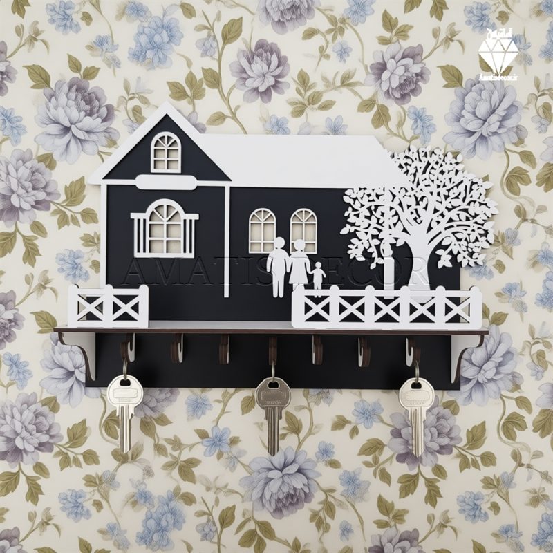 جا کلیدی دیواری طرح کلبه درختی کد 109 - مشکی و سفید