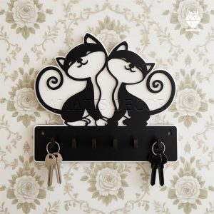 جا کلیدی دیواری طرح گربه کد 108 - دو گربه کنار هم روی جا کلیدی هستن