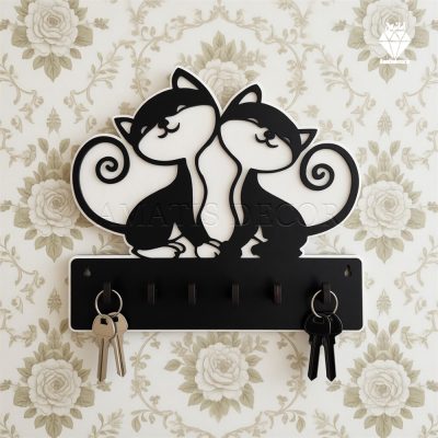 جا کلیدی دیواری طرح گربه کد 108 - دو گربه کنار هم روی جا کلیدی هستن