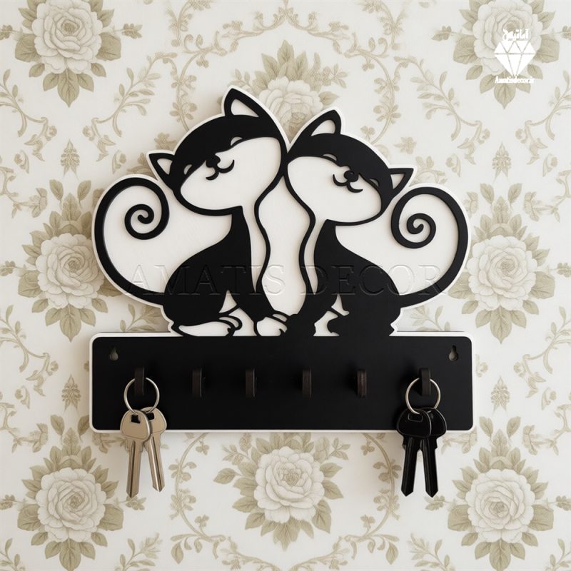 جا کلیدی دیواری طرح گربه کد 108 - دو گربه کنار هم روی جا کلیدی هستن