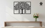 تابلو چوبی طرح درخت 3 تکه کد AM4 - جنس چوبی - سه تکه جداگانه - رنگ مشکی - طرح درخت برگ دار نصب شده در اتاق و سالن