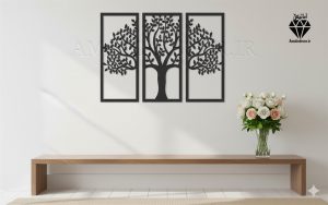 تابلو چوبی طرح درخت 3 تکه کد AM4 - جنس چوبی - سه تکه جداگانه - رنگ مشکی - طرح درخت برگ دار نصب شده در اتاق و سالن
