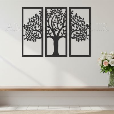 تابلو چوبی طرح درخت 3 تکه کد AM4 - جنس چوبی - سه تکه جداگانه - رنگ مشکی - طرح درخت برگ دار نصب شده در اتاق و سالن