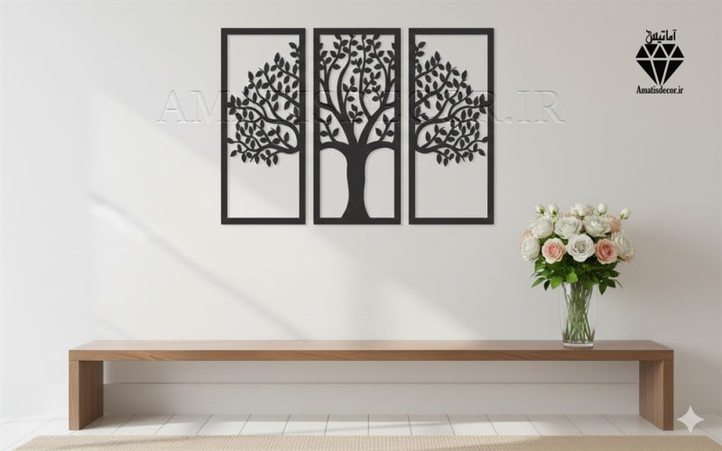 wooden tree waall art 1055 تابلو چوبی طرح درخت 3 تکه کد AM4 - جنس چوبی - سه تکه جداگانه - رنگ مشکی - طرح درخت برگ دار نصب شده در اتاق و سالن