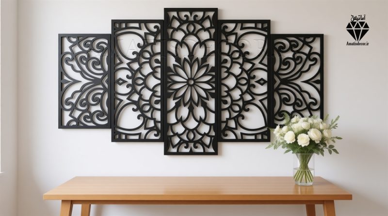 تابلو چوبی طرح ماندالا 5 تکه - نمای نزدیک رنگ مشکی - جنس چوبی - شامل 5 تکه جدا