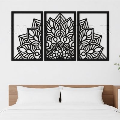 تابلو چوبی طرح ماندالا 3 تکه - نمای نزدیک رنگ مشکی - جنس چوبی - شامل سه تکه جدا