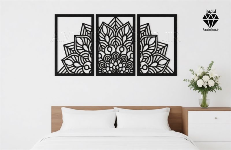 wooden tree waall art 1095 تابلو چوبی طرح ماندالا 3 تکه - نمای نزدیک رنگ مشکی - جنس چوبی - شامل سه تکه جدا