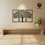 تابلو چوبی طرح درخت 3 تکه کد AM4 - جنس چوبی - سه تکه جداگانه - رنگ مشکی - طرح درخت برگ دار نصب شده در اتاق و سالن