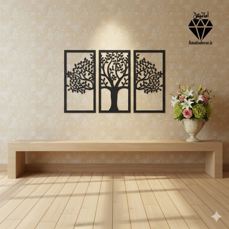 تابلو چوبی طرح درخت 3 تکه کد AM4 - جنس چوبی - سه تکه جداگانه - رنگ مشکی - طرح درخت برگ دار نصب شده در اتاق و سالن