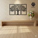 تابلو چوبی طرح درخت 3 تکه کد AM4 - جنس چوبی - سه تکه جداگانه - رنگ مشکی - طرح درخت برگ دار نصب شده در اتاق و سالن