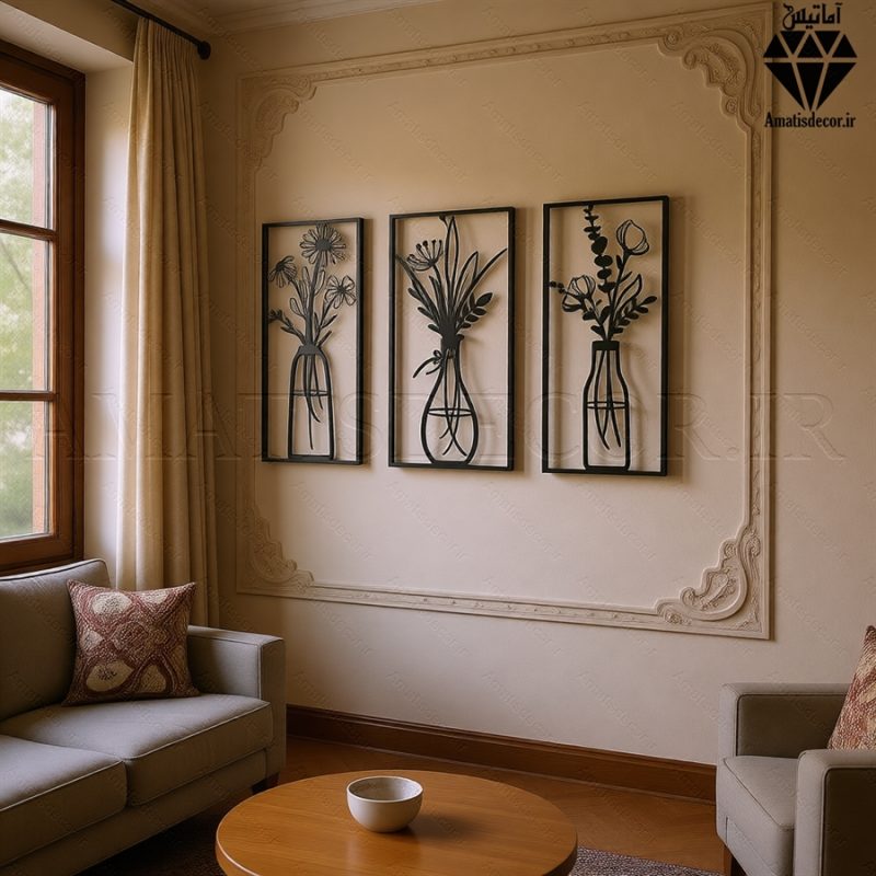 تابلو چوبی 3 تکه گل و گلدان کد 1008 1