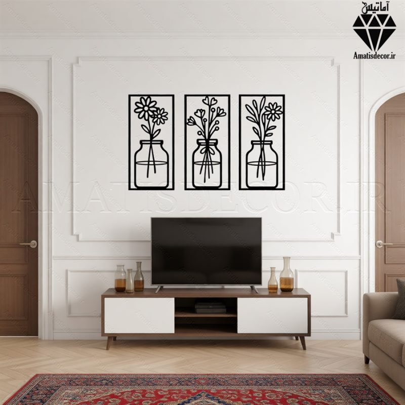 تابلو چوبی 3 تکه گل و گلدان کد 1009 تصویر 6