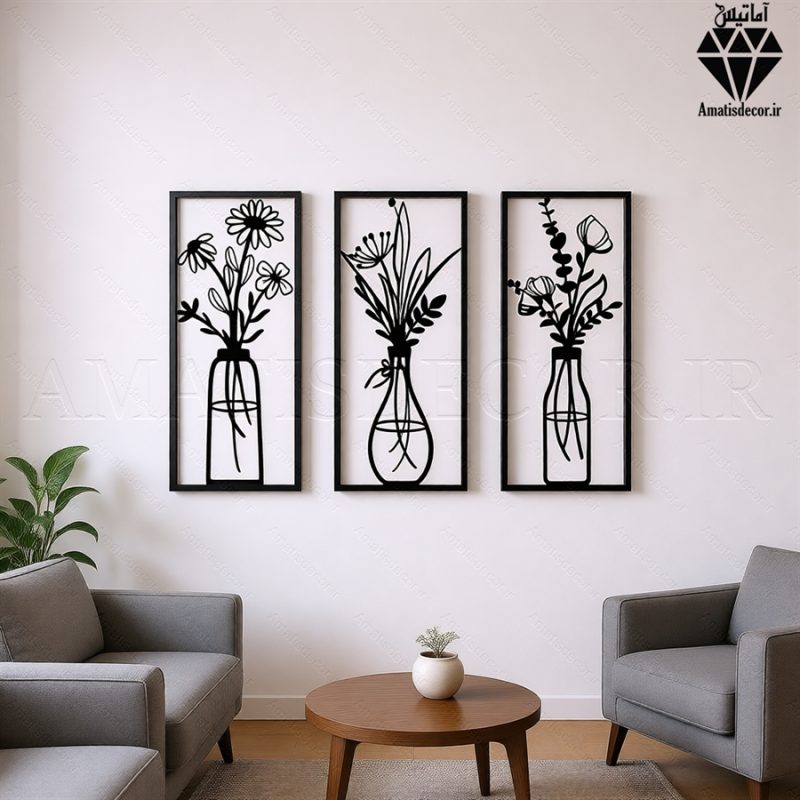 wooden flower wall art28 تابلو چوبی 3 تکه گل و گلدان کد 1008 5