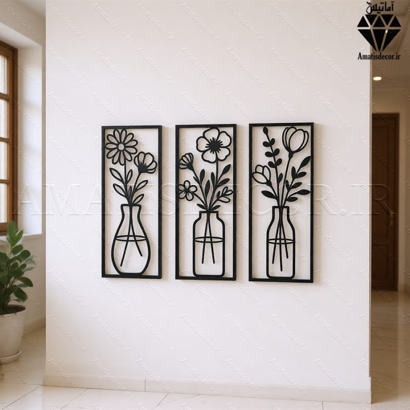 wooden flower wall art29 تابلو چوبی 3 تکه گل و گلدان کد 1010 تصویر 4