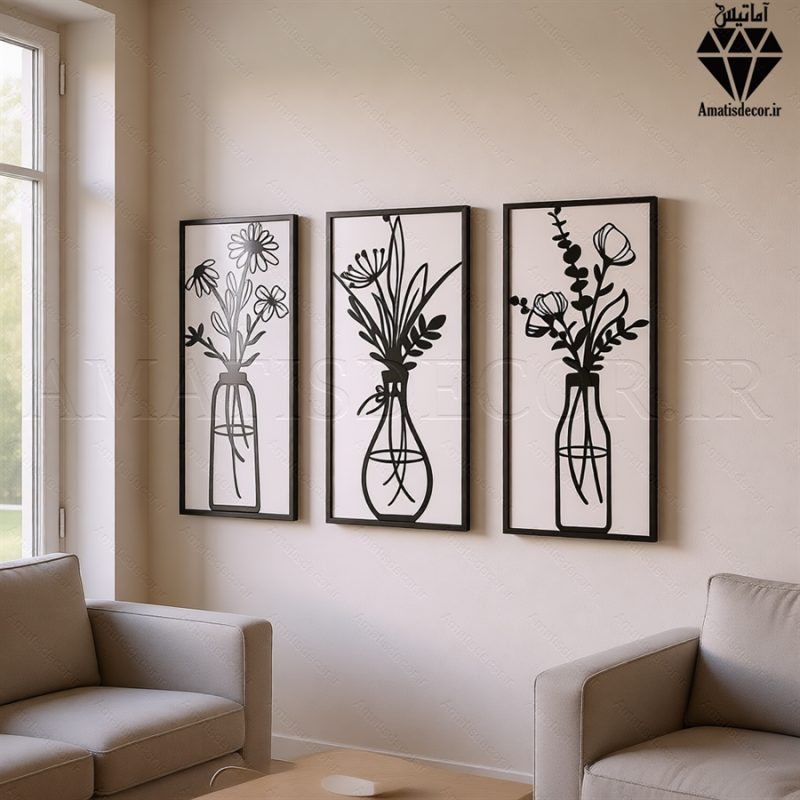 تابلو چوبی 3 تکه گل و گلدان کد 1008 3