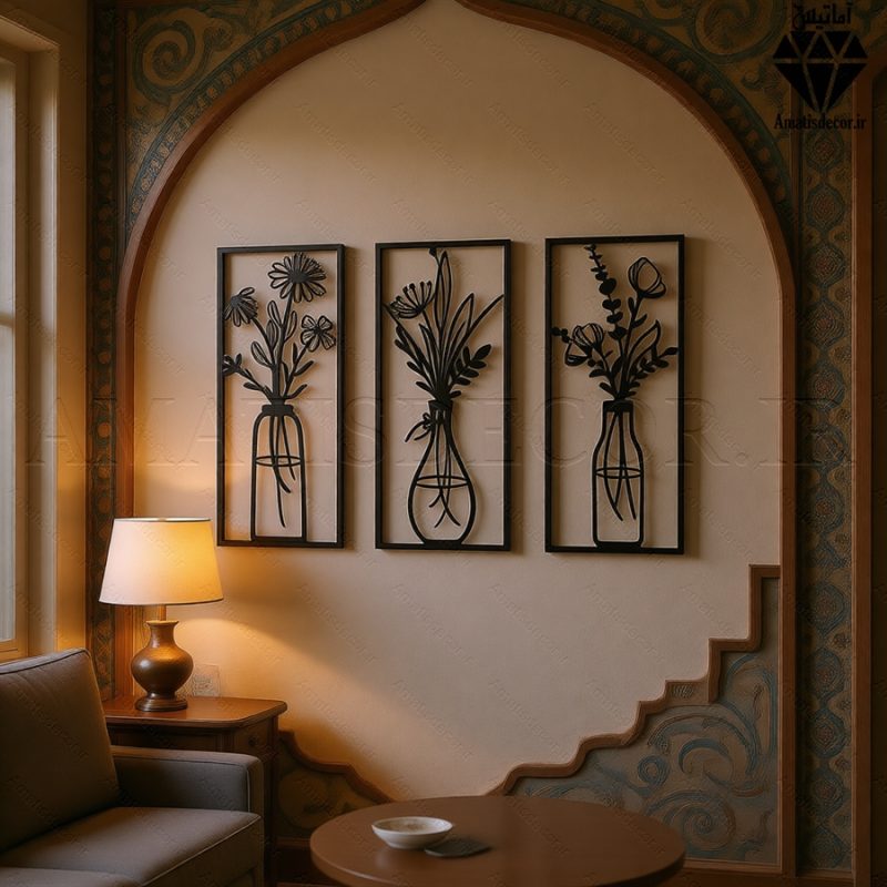 تابلو چوبی 3 تکه گل و گلدان کد 1008 4