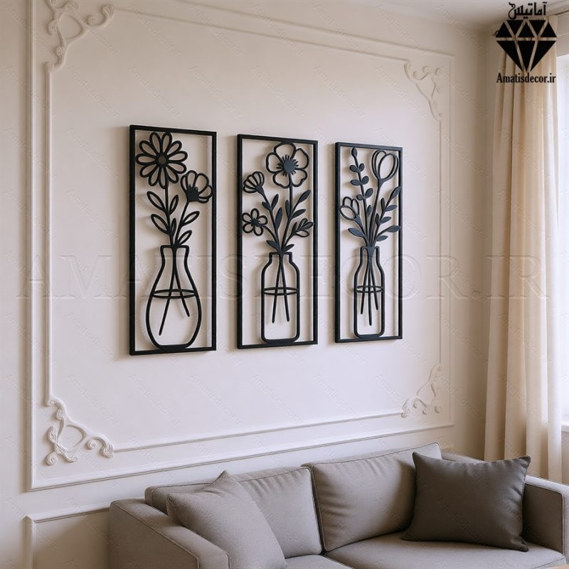 تابلو چوبی 3 تکه گل و گلدان کد 1010 تصویر 1