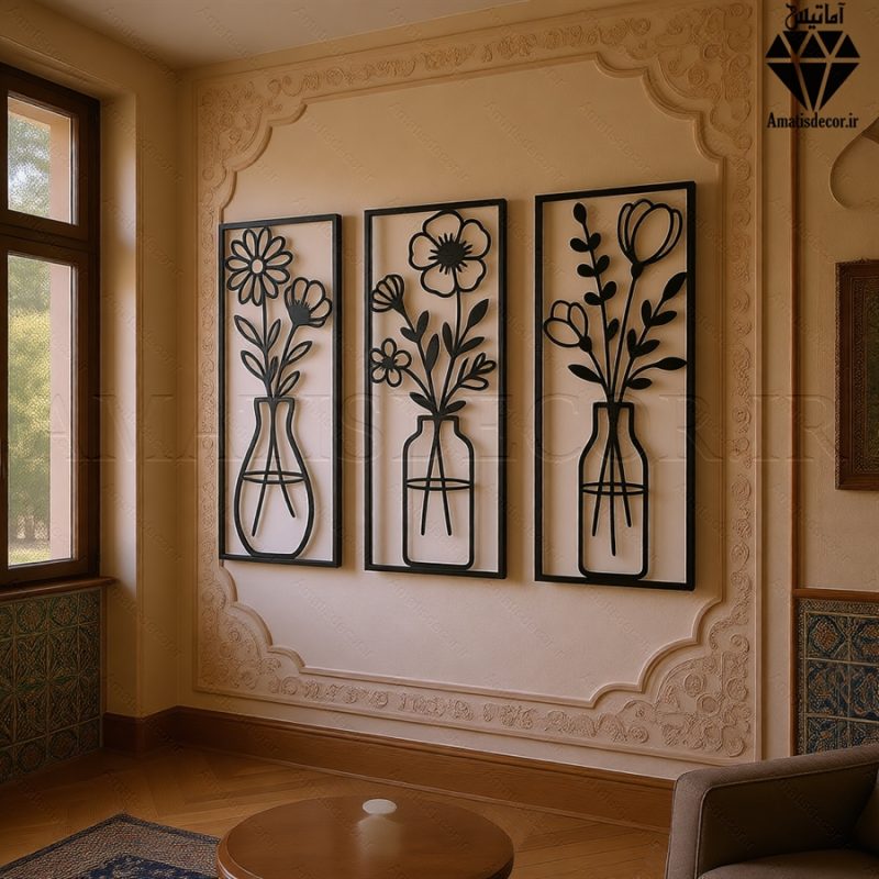 تابلو چوبی 3 تکه گل و گلدان کد 1010 تصویر 2