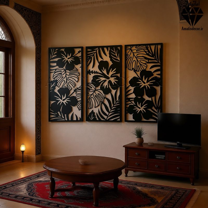 تابلو چوبی 3 تکه طرح گل کد 1003