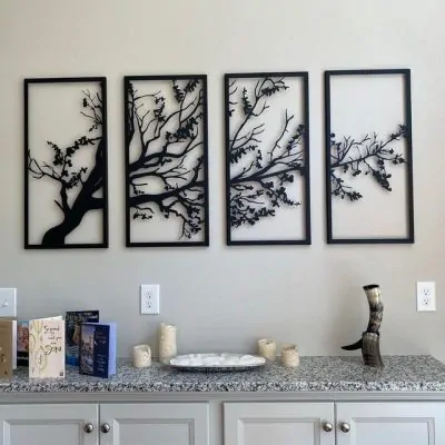 تابلو چوبی آماتیس طرح درخت 4 تکه - درخت و شاخه هاش که در 4 قاب طراحی شده و به صورت 4 تکه کنار هم قرار میگیرن