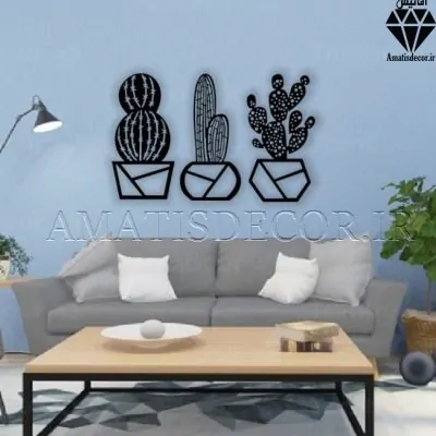استیکر چوبی دیواری طرح کاکتوس - سه عدد کاکتوس با گلدان در شکل های مختلف