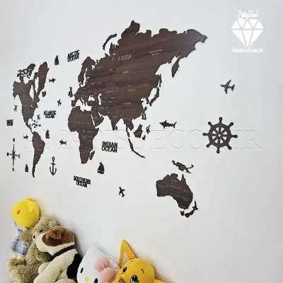 نقشه چوبی جهان با نام کشورها قهوه ای تیره