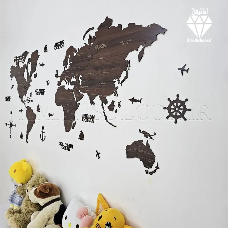 نقشه چوبی جهان با نام کشورها قهوه ای تیره